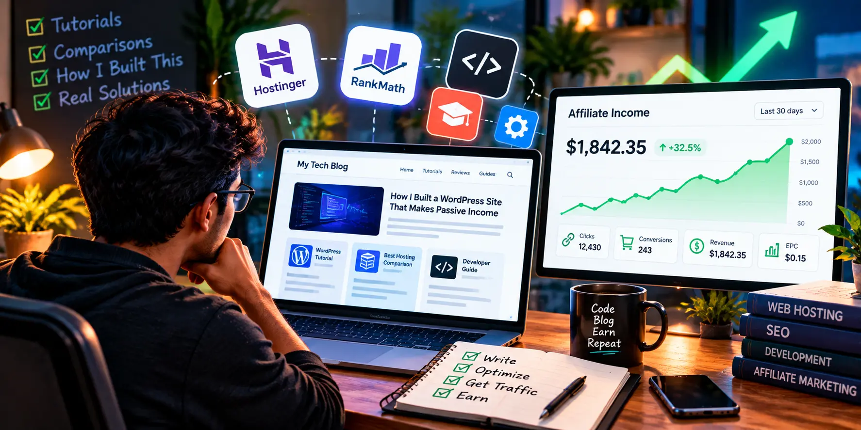 Neon Tech Workspace Income Dashboard Technical Blog With Affiliate Income